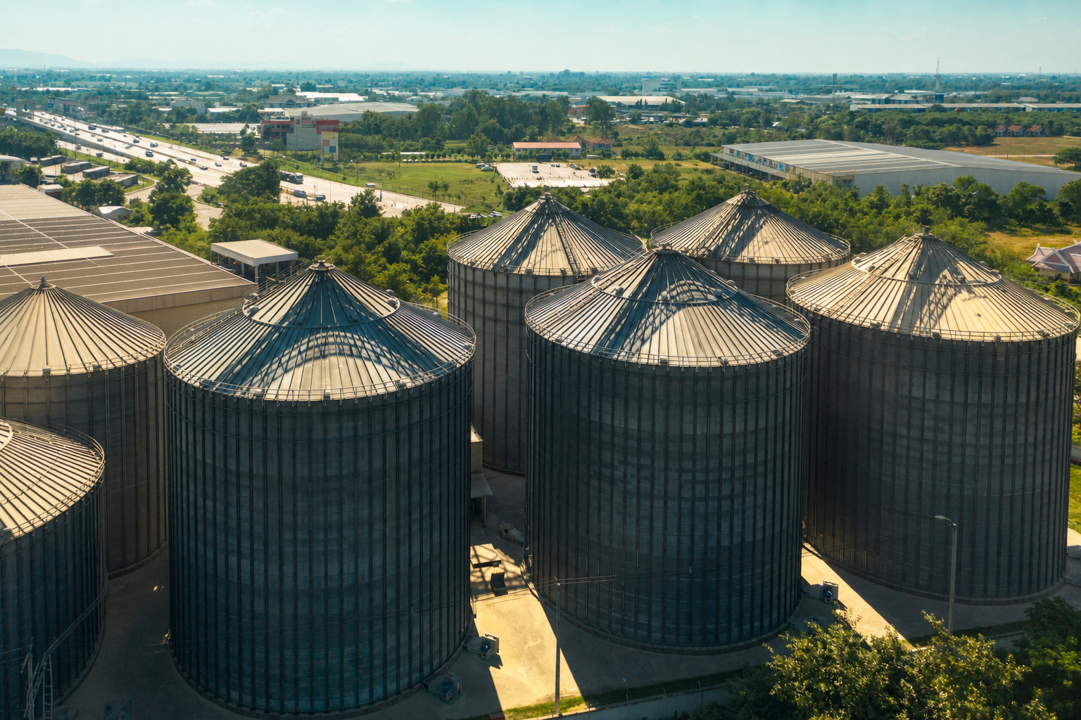 Agricultural landscape with grain fields and farming operations